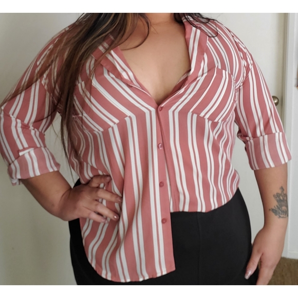 Pink and white striped button up blouse - Picture 3 of 4
